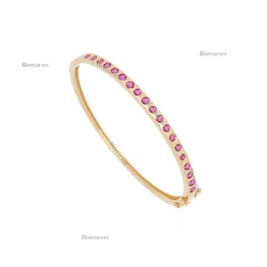 Real Pink Sapphire Hinged Bangle Solid 14k, 18k Gold Multi Gmestone Bracelet - Picture 1 of 4