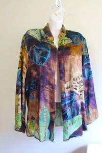 ATOC Shirt Womens L Silk Rayon Devore Semi Sheer Cardigan L/S Botanical Art Boho - Picture 1 of 7