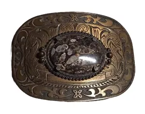 Fancy Carved Copper Belt Buckle With Polished Oval Stone Western - Picture 1 of 6