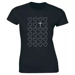 Hearts And Cross Short Sleeve T-Shirt for Women Cute Christian Catholic Tee - Picture 1 of 2