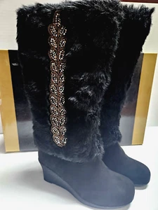 Joan Boyce Black Perla Faux Fur Embellished Boots Size 8M - New - Picture 1 of 6
