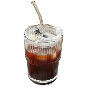 13 oz. Glass Cups with Lids and Glass Straws, Set of 6, Striped Glassware - Picture 1 of 8