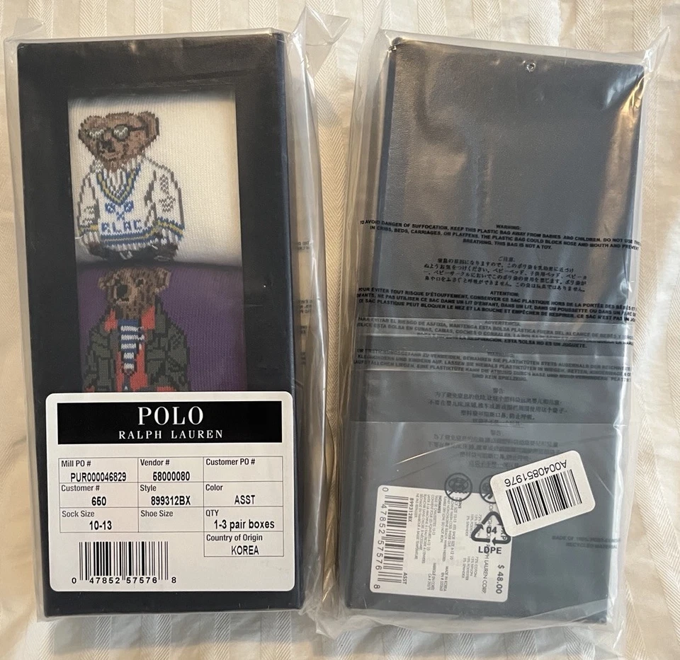 Polo Ralph Lauren 3 Osos Surtidos Calcetines Blanco Púrpura Naranja Caja de Regalo Sin Abrir Foto 1 de 4
