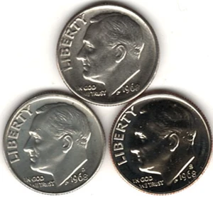 Monedas de diez centavos Roosevelt 1968 P, D, S revestidas en estado sin circular (68 S es prueba) 009 - Imagen 1 de 4