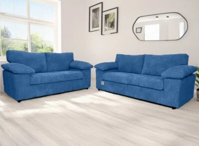 SOFA SCENE DINO AMARA AMALFI CROSBY VEGAS LUXOR UK NEW ORIGINAL AMALFI FULL BACK JUMBO CORD 3+2 SOFA BLUE + FOOTSOOL + SWIVEL CHAIR