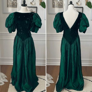 Vintage 80s Emerald Green Velvet Acetate Gown Formal Dress M