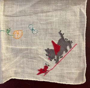 Vintage Embroidery Cat Bird Hankie Red GreyBlue Yellow Green 9.5” Handkerchief💗 - Picture 1 of 4