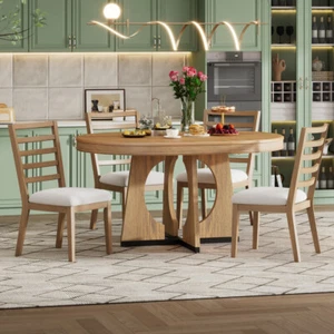 5pc Retro Round Extendable Dining with Chairs Set, 16" Removable Leaf, Natural - Picture 1 of 23