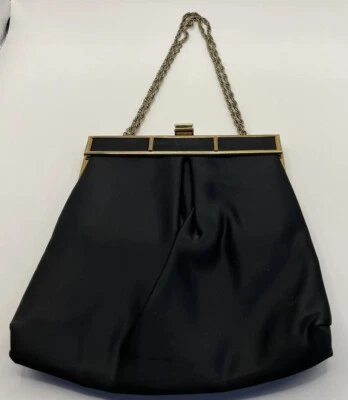 Bolso de Noche Miss Lewis Vintage Años 50 Tafetán Negro, Forro Satinado, Transporte con Cadena Foto 1 de 4