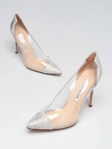 Manolo Blahnik Silver Leather/Transparent PVC Crystal Pumps Size 7/37.5 - Picture 1 of 4