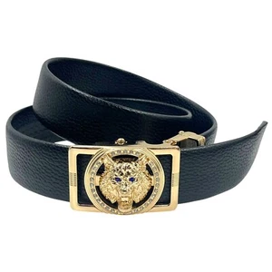 BLACK FAUX LEATHER RACHET BELT GOLD TONE WOLF W RHINESTONE EYES BUCKLE S M EUC - Picture 1 of 4