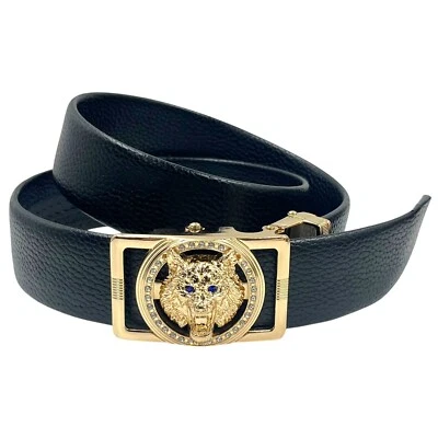 BLACK FAUX LEATHER RACHET BELT GOLD TONE WOLF W RHINESTONE EYES BUCKLE S M EUC - Image 1 of 4