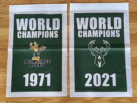 Complete Set Milwaukee Bucks NBA Champions 2 Banners/Flags 18.5" x 11.5" Cover