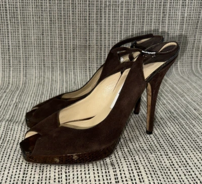 SANDALIAS JIMMY CHOO MARRÓN GAMUZA PUNTA ABIERTA TACÓN ALTO PLATAFORMA HONDA Talla 39M Foto 1 de 4