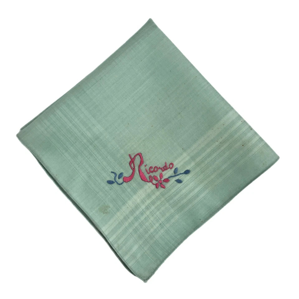 Embroidered Green RICORDO Bridesmaid Handkerchief Wedding  Cottagecore Vintage - Image 1 of 4