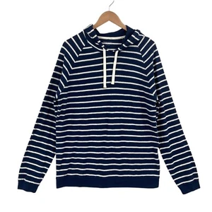 Banana Republic Hoodie Women L Navy White Striped Ribbed Hem Drawstring Pullover - Picture 1 of 14