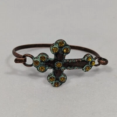 Brazalete Brazalete Cruz Tono Cobre Acabado Pátina Amarillo Estrás Acentos Foto 1 de 4
