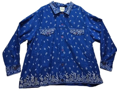 Quacker Factory Jacket Womens 3X Blue Paisley Bandana Beaded Embellished Cotton - Image 1 of 4