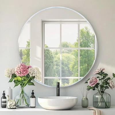 Espejo redondo plateado, espejo redondo plateado 30 pulgadas, marco de metal cromado, círculo... Foto 1 de 4