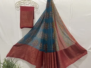 Saree Blouse Blue With Red Cotton Linen - Picture 1 of 3