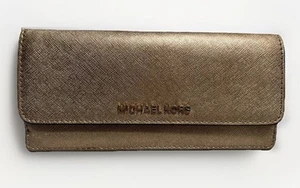 Michael Kors FLAP Leather CARRYALL Clutch Organizer GOLD Wallet - Picture 1 of 7