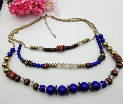 Collar de cuentas de madera azul real de varios hilos en capas tono dorado declaración 26" Foto 1 de 4