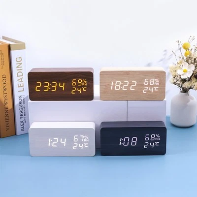Digital Alarm Clock Wooden LED Clock Time Temperature Calendar USB Alarm Desk - Image 1 of 4