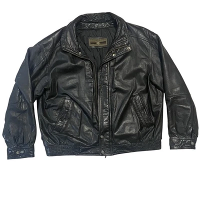 Members Only Jacket Mens Large Black Genuine Leather Bomber Zip Pockets FLAW - Image 1 of 4