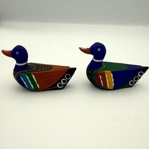 Vintage Miniature 4" Bright Colorful Painted Wood Ducks Made In Korea - Picture 1 of 9