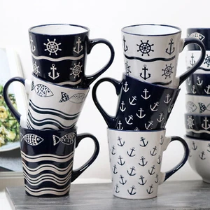 Nautical Mugs Set of 6 Stoneware Blue and White Ships Wheel Sea Anchor Fish Cups - Picture 1 of 7