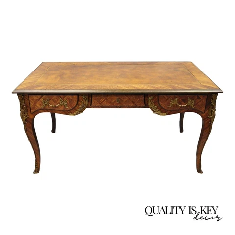 French Louis XV Italian Bronze Figural Ormolu Brown Leather Top Desk Bureau Plat Cover