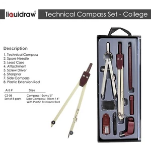 8pc Technical Drawing Compass Set Boxed Case Geometry School Protractor Drafting - Picture 1 of 3