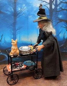 OOAK Rzemieślniczy ubrany metal Halloween Kot Wózek na herbatę Domek dla lalek Miniatura 1:12 - Zdjęcie 1 z 11