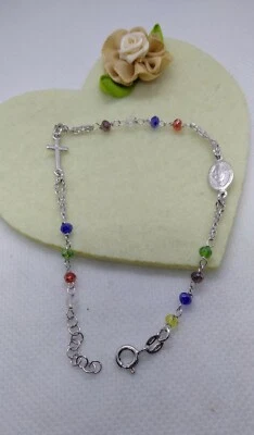 Bracciale argento donna ROSARIO MADONNA CROCE GRANI MULTICOLOUR CM  18-20 - Immagine 1 di 3