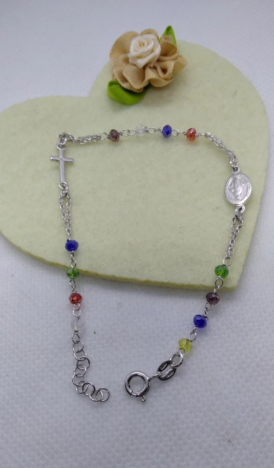 Bracciale argento donna ROSARIO MADONNA CROCE GRANI MULTICOLOUR CM  18-20 - Immagine 1 di 3