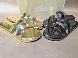 NEU Michael Kors Keiko Slide Metallic Gunmetal Silber Rosegold Sandalen - Bild 1 von 14