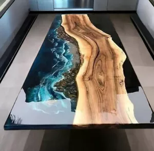 Custom Epoxy Table Walnut Wood Deep Ocean Sea and Waves Dining & Kitchen Table - Picture 1 of 10