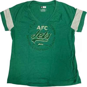 New York Jets Women's Jersey Style V-Neck T-Shirt Green Distressed Logo - Picture 1 of 2