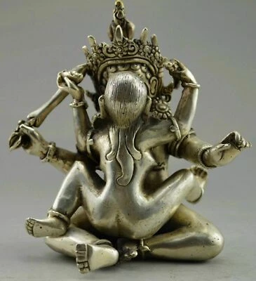 Ancient Old Handwork Tibet Silver Carving MAKE LOVE Buddha Sexual Lover Statue - Image 1 of 4