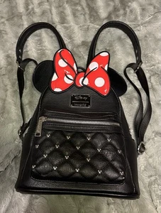 Disney Loungefly Minnie Mouse Bow Ears Mini Backpack Black Quilted Used Once - Picture 1 of 3