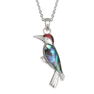Woodpecker Pendant Necklace with Paua Shell by Tide. Hypoallergenic. Boxed. - Picture 1 of 4