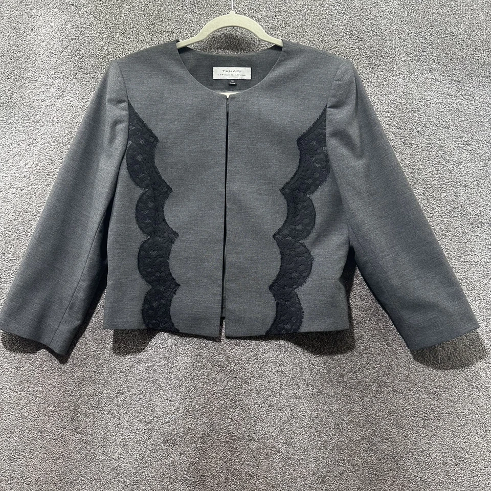 Chaqueta Blazer Tahari ASL Mujer 10 Gris Negro Encaje Cierre Único Forrada Oficina Foto 1 de 4