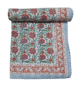 Indian Kantha Throw Hand Block Print Kantha Quilt Reversible Bedspread Cotton - Picture 1 of 5