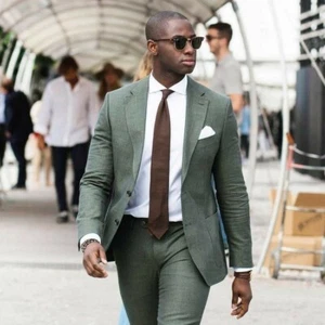 Men Olive Green Linen Suit Slim Fit Business Prom Dinner Tuxedo Wedding Suit s - Picture 1 of 10