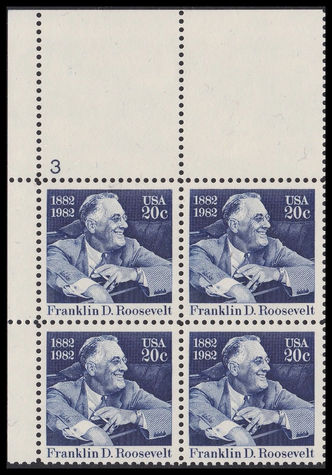 US 1950 Franklin D Roosevelt 20c plate block UL #3 MNH 1982 - Image 1 of 1