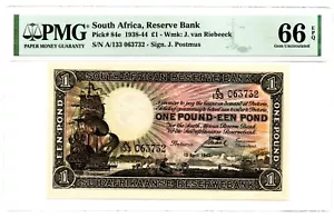 South Africa Reserve Bank 1 Pound 13.4.1943 Pick 84e PMG Gem Uncirculated 66 EPQ - Picture 1 of 2
