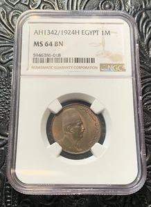 EGYPT, 1924H BRONZE 1 MILLIEME. KING FOUAD. NGC MS 64 BN. - Picture 1 of 2