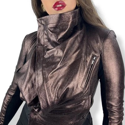 VEDA NYC metallic bronze lamb leather fitted cropped biker jacket - Image 1 of 4