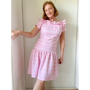 Vintage 60s Pink Houndstooth Dress Size Medium Drop Waist Ruffle Neckline Mod  - Picture 1 of 7