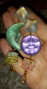 Earrings MOONFACES Dangle Drop FUN Fab QUIRKY Pierced Ears OPALESCENT Gorgeous  - Picture 1 of 7
